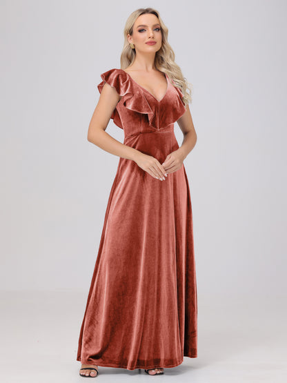 Ruffle V-Neck Velvet Bridesmaid Dresses with High Slit