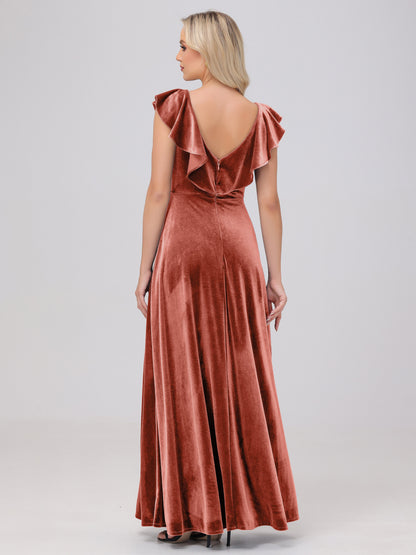 Ruffle V-Neck Velvet Bridesmaid Dresses with High Slit