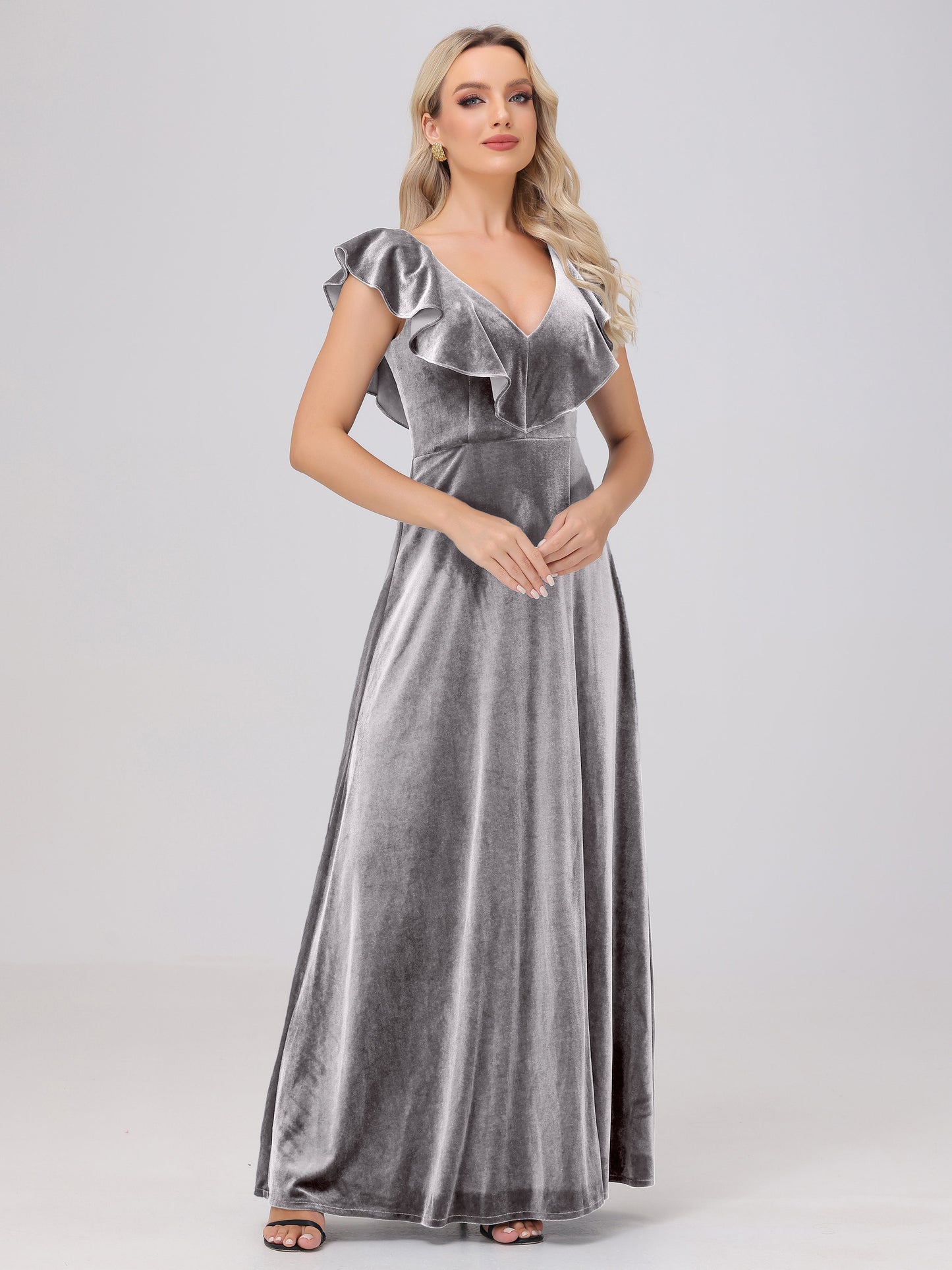 Ruffle V-Neck Velvet Bridesmaid Dresses with High Slit
