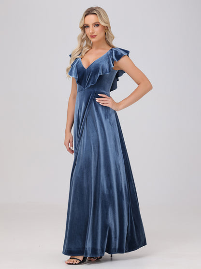 Ruffle V-Neck Velvet Bridesmaid Dresses with High Slit