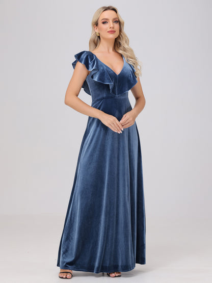 Ruffle V-Neck Velvet Bridesmaid Dresses with High Slit