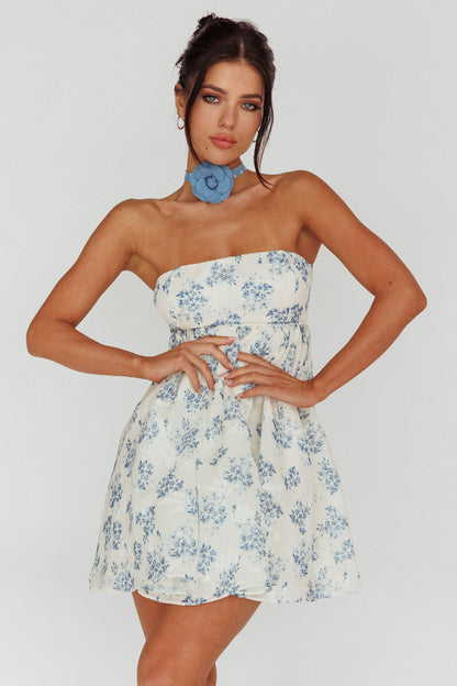 Vitoria Strapless Babydoll Dress Floral Blue