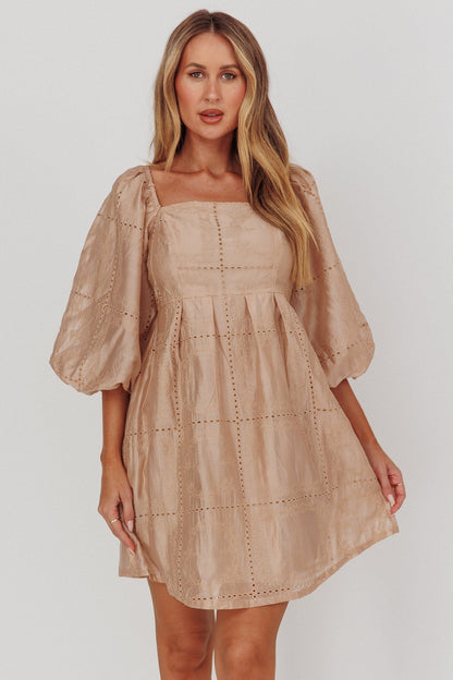 Summerlin Puff Sleeve Eyelet Mini Dress Beige