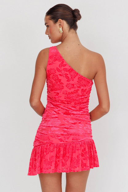 Mystery Of Love One Shoulder Mini Dress Fuchsia
