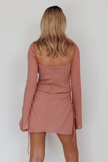 Etta Drawstring Long Sleeve Mini Dress Blush