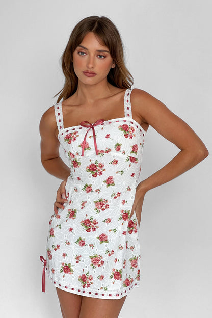 Sunbeam Eyelet Embroidery Bow Mini Dress Floral Pink