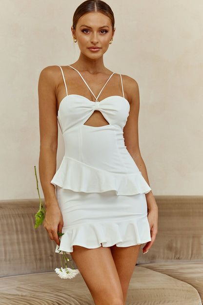 Moment Of Truth String-Tie Ruffle Trim Mini Dress White