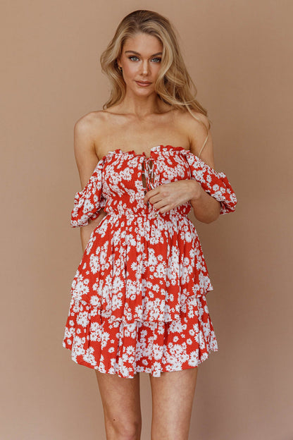 Buongiorno Bella Shirred Lace Up Mini Dress Floral Red