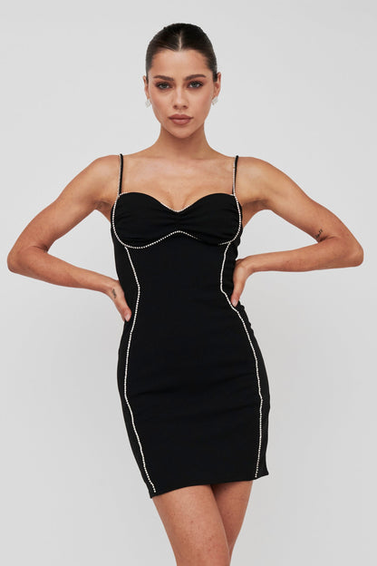 Next To You Diamante Trim Mini Dress Black