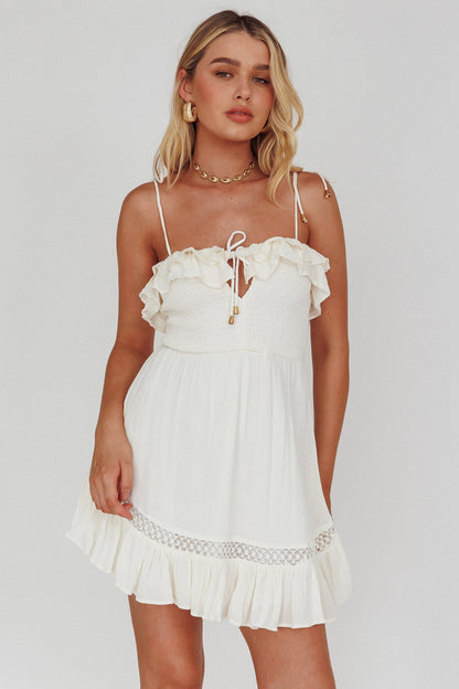 Daydream Shirred Bust Frill Trim Mini Dress White