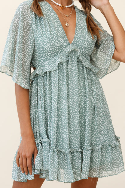 Flissy Angel Sleeve Cut-Out Babydoll Dress Speckle Print Olive