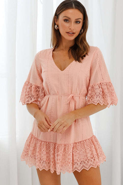 Karissa Lace Trim Waist Tie Tunic Dress Blush