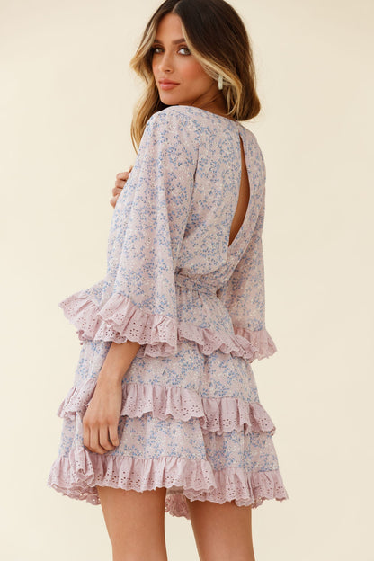Tulsa 3/4 Sleeve Waist Tie Frill Dress Floral Print Pink