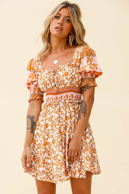 Summer In Paris Puff Sleeve Open Back Dress Floral Print White/Pink