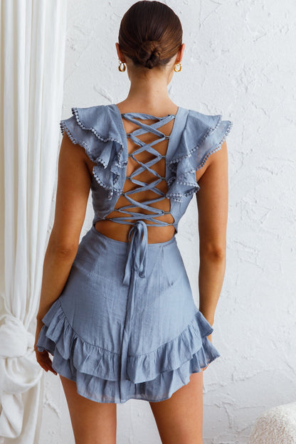Charade Ruffle Shoulder Corset Back Dress Midnight Blue