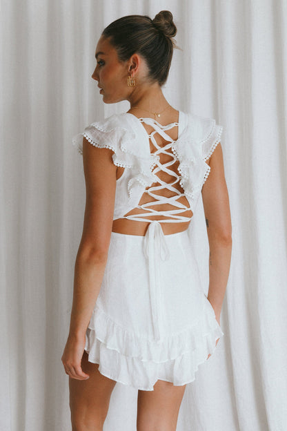 Charade Ruffle Shoulder Corset Back Dress White