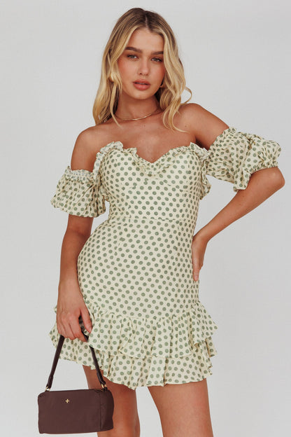 Homecoming Queen Sweetheart Neckline Puff Sleeve Dress Polka Dot Green