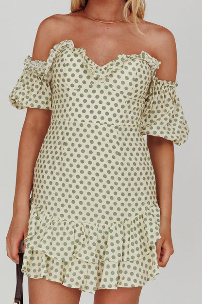 Homecoming Queen Sweetheart Neckline Puff Sleeve Dress Polka Dot Green