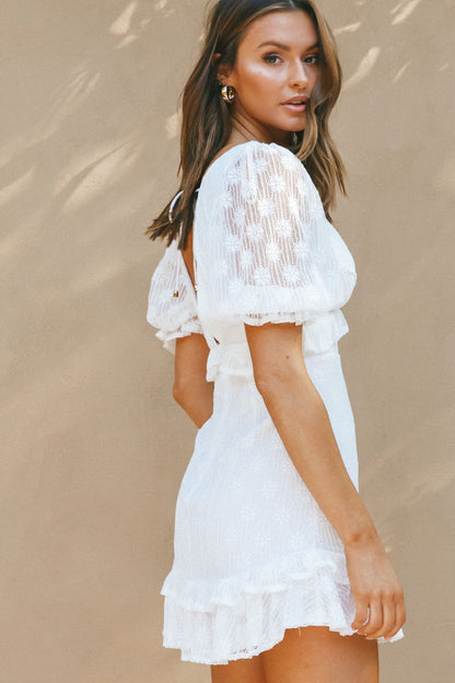 Katherine Puff Sleeve Floral Lace Frill Dress White