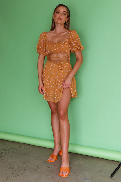 Full Hearts Lace-Up Waist Dress Floral Orange