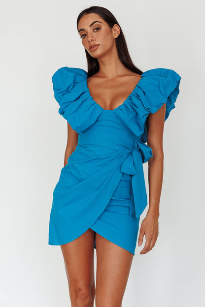 Kahlo Puffed Ruffle Neckline Mini Dress Blue