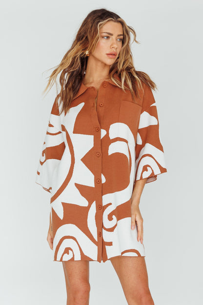 Nalani Button Up Knit Shirt Dress Chocolate/Beige
