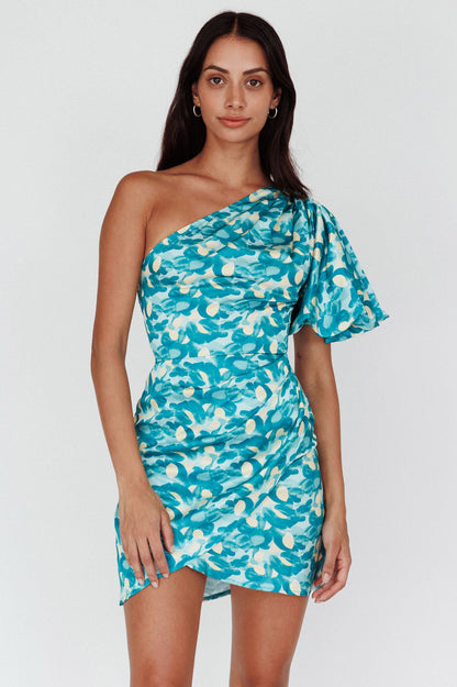 Krishna One-Shoulder Puff Sleeve Mini Dress Green
