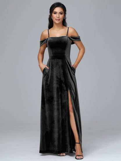 Spaghetti Straps Off Shoulder Plus Size Velvet Bridesmaid Dress With Slit