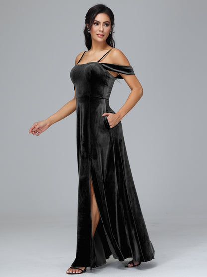 Spaghetti Straps Off Shoulder Plus Size Velvet Bridesmaid Dress With Slit