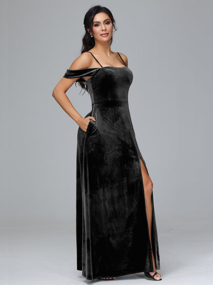 Spaghetti Straps Off Shoulder Plus Size Velvet Bridesmaid Dress With Slit