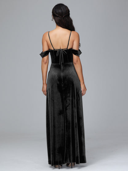 Spaghetti Straps Off Shoulder Plus Size Velvet Bridesmaid Dress With Slit