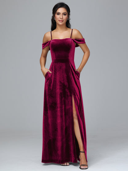 Spaghetti Straps Off Shoulder Plus Size Velvet Bridesmaid Dress With Slit