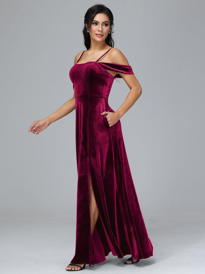 Spaghetti Straps Off Shoulder Plus Size Velvet Bridesmaid Dress With Slit
