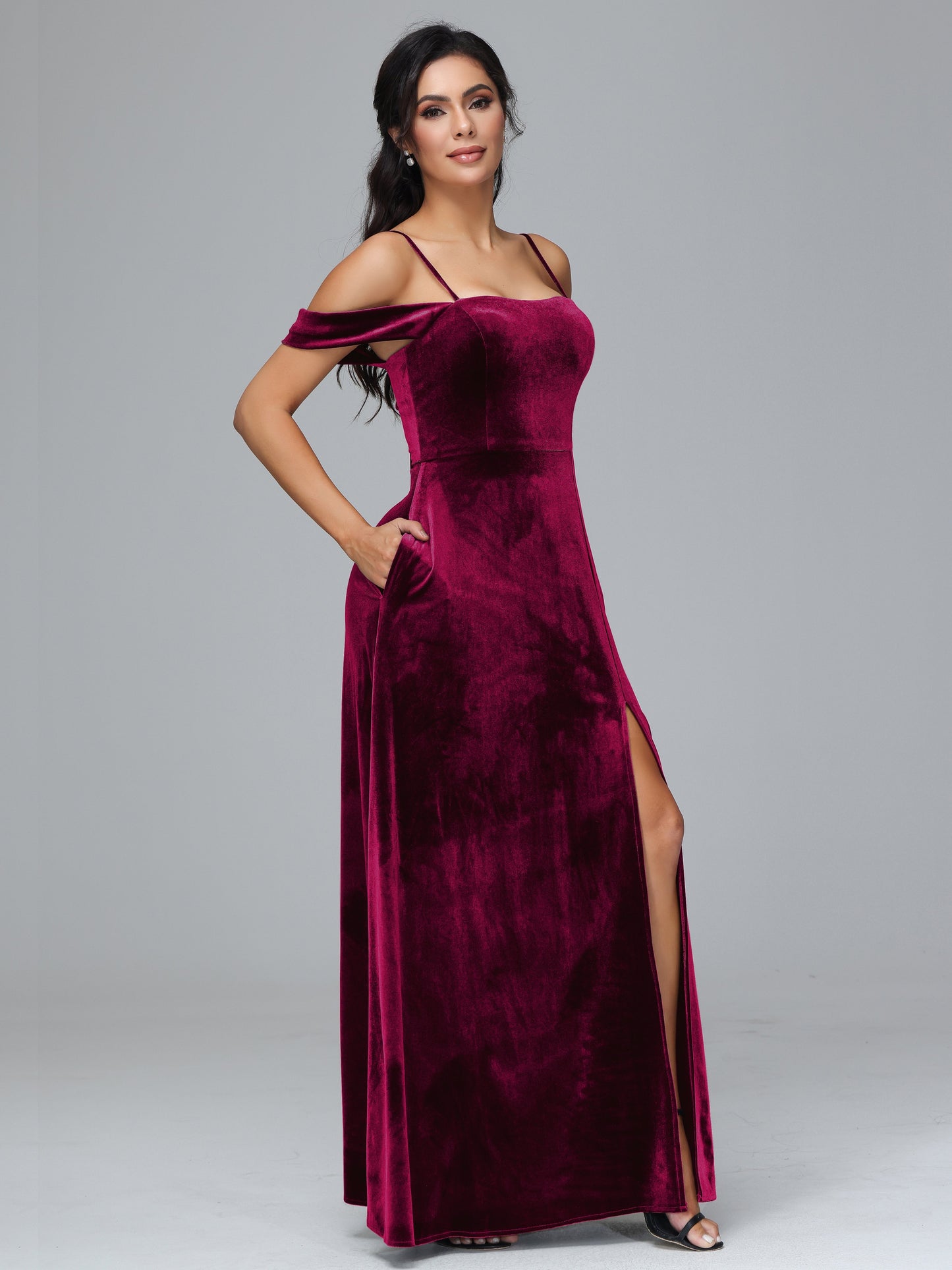 Spaghetti Straps Off Shoulder Plus Size Velvet Bridesmaid Dress With Slit