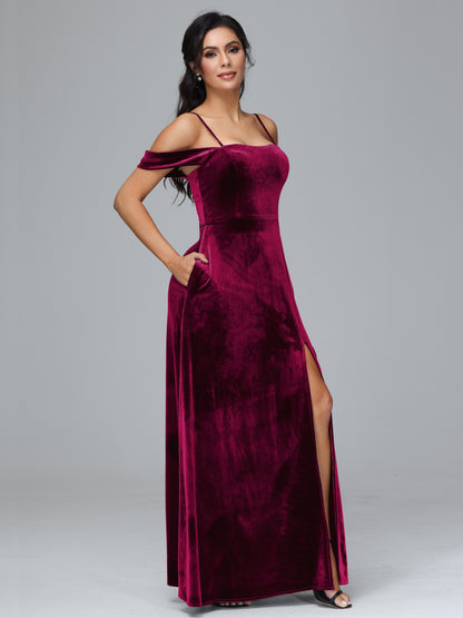 Spaghetti Straps Off Shoulder Plus Size Velvet Bridesmaid Dress With Slit