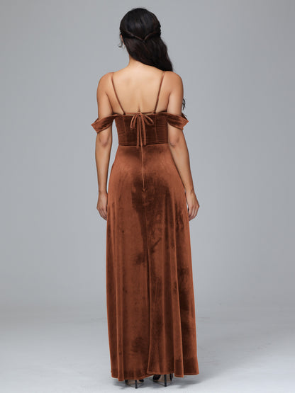 Spaghetti Straps Off Shoulder Plus Size Velvet Bridesmaid Dress With Slit