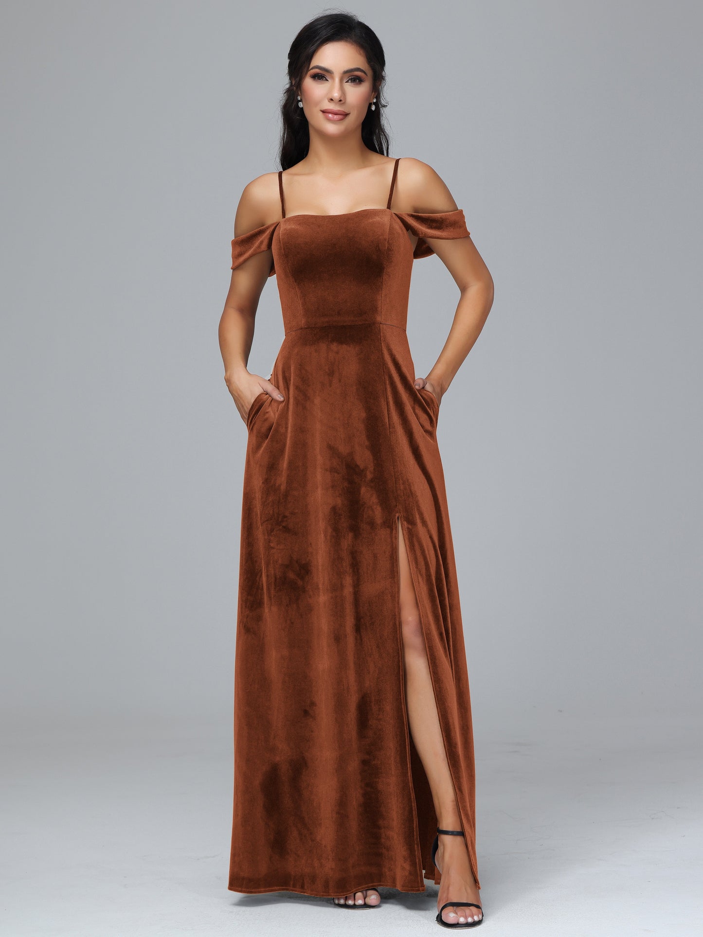Spaghetti Straps Off Shoulder Plus Size Velvet Bridesmaid Dress With Slit