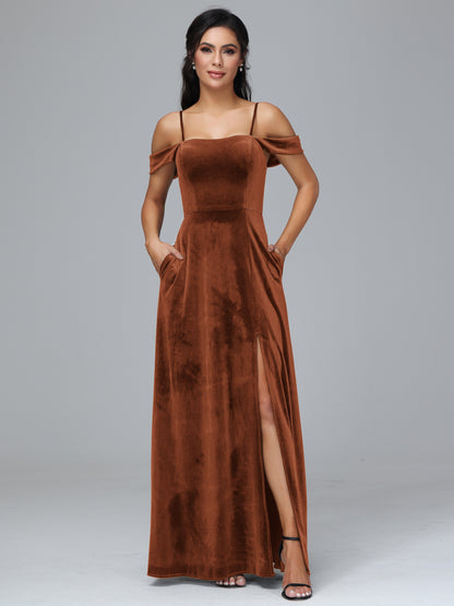 Spaghetti Straps Off Shoulder Plus Size Velvet Bridesmaid Dress With Slit