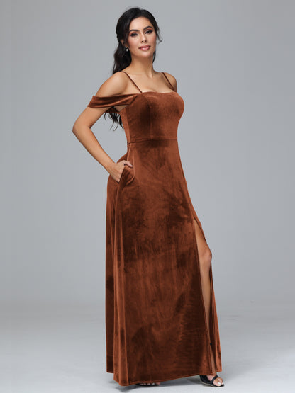 Spaghetti Straps Off Shoulder Plus Size Velvet Bridesmaid Dress With Slit
