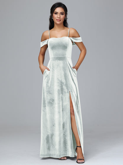 Spaghetti Straps Off Shoulder Plus Size Velvet Bridesmaid Dress With Slit