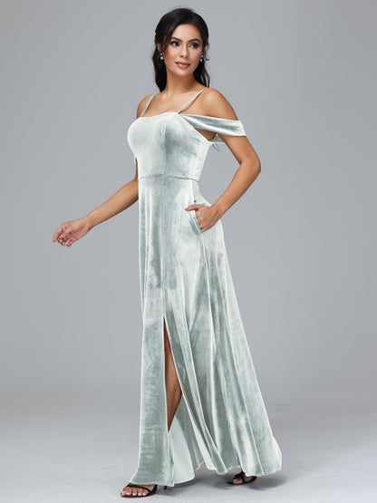 Spaghetti Straps Off Shoulder Plus Size Velvet Bridesmaid Dress With Slit