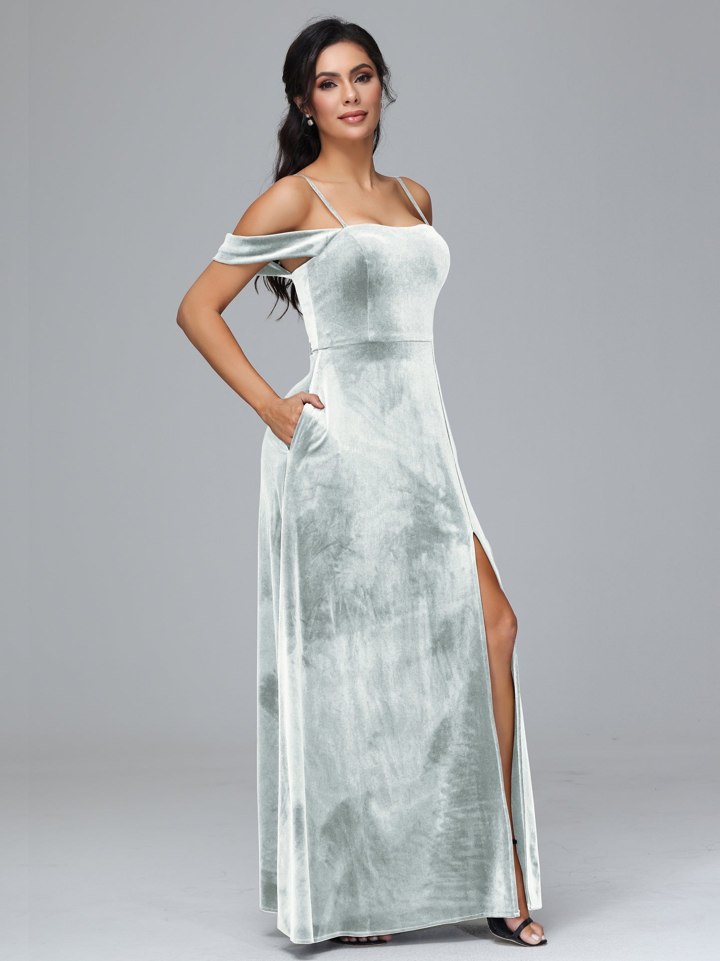 Spaghetti Straps Off Shoulder Plus Size Velvet Bridesmaid Dress With Slit