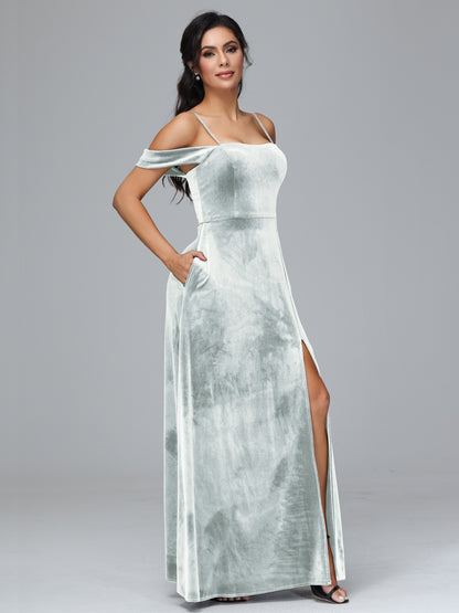 Spaghetti Straps Off Shoulder Plus Size Velvet Bridesmaid Dress With Slit