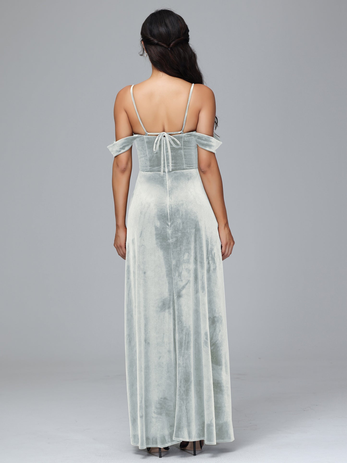 Spaghetti Straps Off Shoulder Plus Size Velvet Bridesmaid Dress With Slit