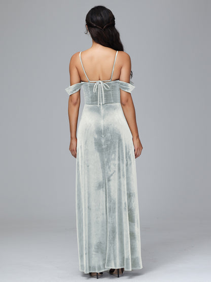Spaghetti Straps Off Shoulder Plus Size Velvet Bridesmaid Dress With Slit