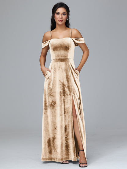 Spaghetti Straps Off Shoulder Plus Size Velvet Bridesmaid Dress With Slit
