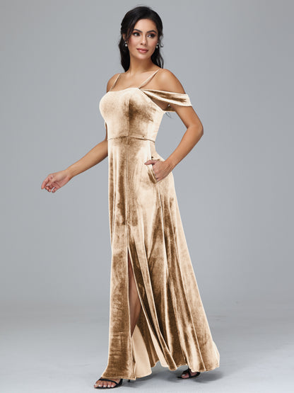 Spaghetti Straps Off Shoulder Plus Size Velvet Bridesmaid Dress With Slit