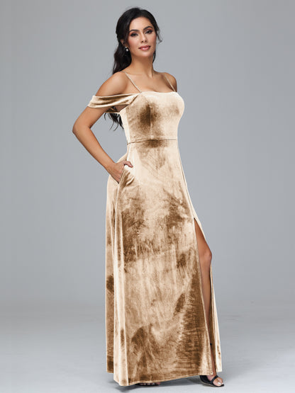 Spaghetti Straps Off Shoulder Plus Size Velvet Bridesmaid Dress With Slit