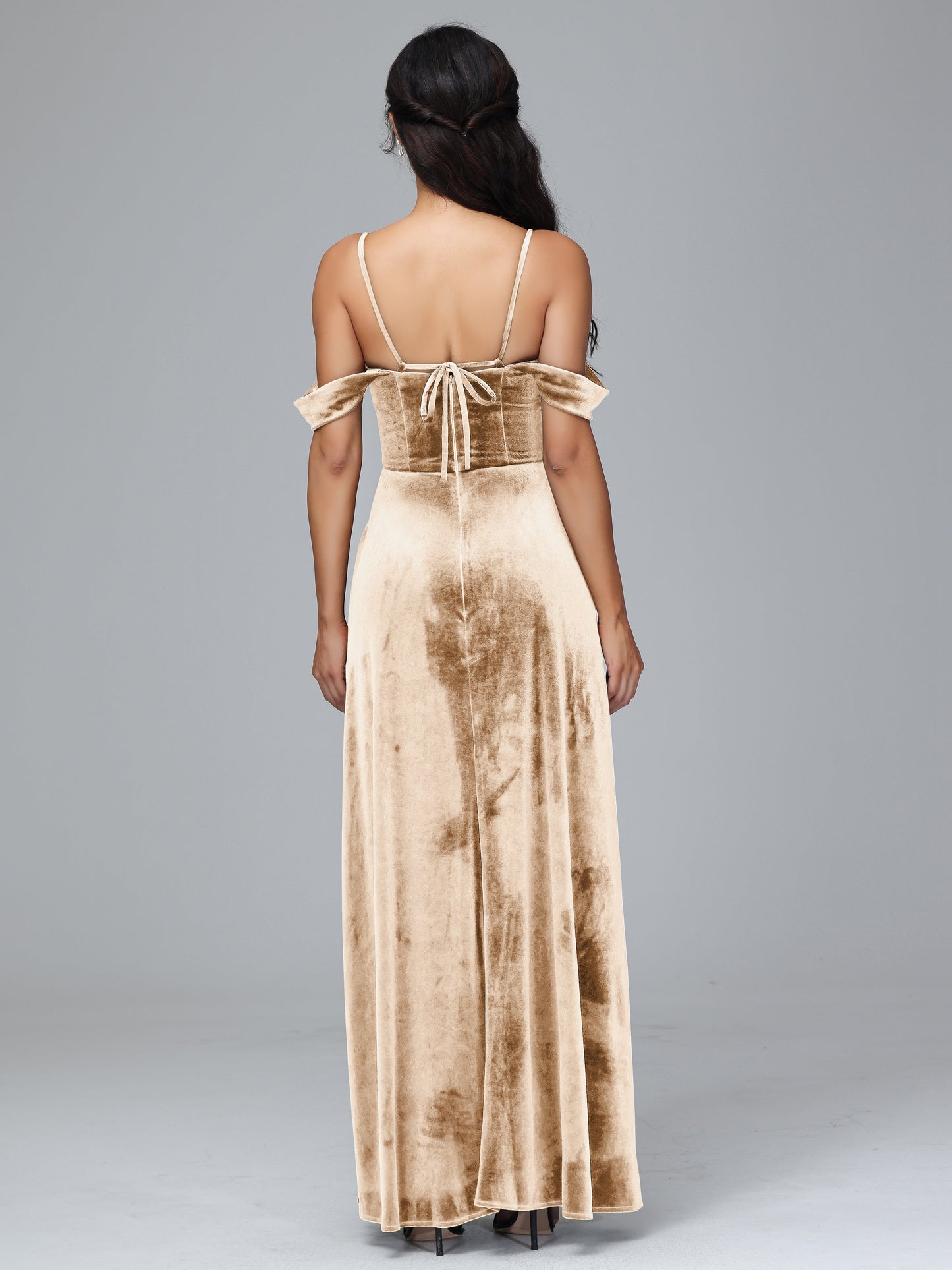 Spaghetti Straps Off Shoulder Plus Size Velvet Bridesmaid Dress With Slit