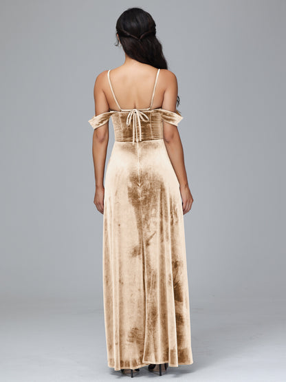 Spaghetti Straps Off Shoulder Plus Size Velvet Bridesmaid Dress With Slit